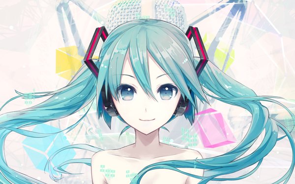 Anime picture 1920x1200 with vocaloid hatsune miku ixima single looking at viewer fringe highres light erotic twintails bare shoulders very long hair aqua eyes wallpaper happy topless pale skin girl headphones