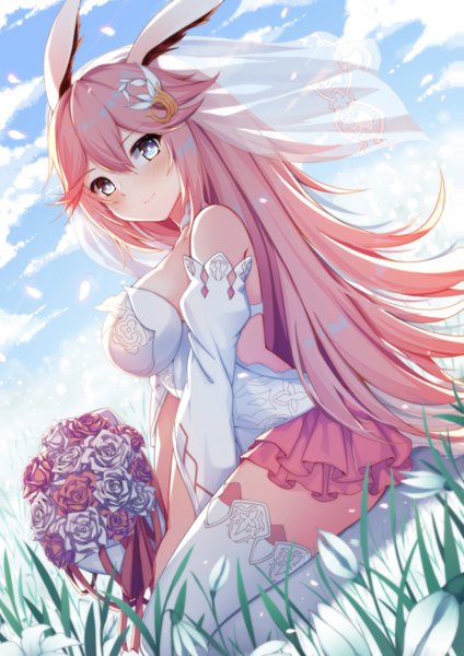 Anime picture 2480x3508 with honkai impact 3rd benghuai xueyuan honkai (series) yae sakura qunqing single long hair tall image looking at viewer blush fringe highres breasts blue eyes smile hair between eyes large breasts sitting holding animal ears