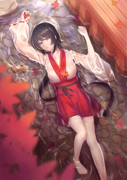 Anime picture 886x1253 with iandrea single long hair tall image looking at viewer blue eyes black hair lying traditional clothes japanese clothes miko river girl thighhighs white thighhighs water leaf (leaves)