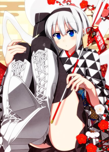 Anime picture 1200x1679 with touhou konpaku youmu myon sazanami mio single tall image blush fringe short hair blue eyes light erotic hair between eyes looking away silver hair traditional clothes japanese clothes lacing new year expressionless plum blossoms