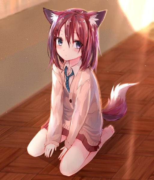 Anime picture 1000x1169 with original suke single tall image blush short hair blue eyes brown hair sitting animal ears looking away full body tail animal tail barefoot sunlight blurry bare legs fox ears fox tail