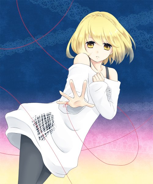 Anime picture 1000x1200 with pop'n music knit (pop'n music) tohno (artist) single tall image short hair blonde hair bare shoulders yellow eyes girl sweater thread red thread