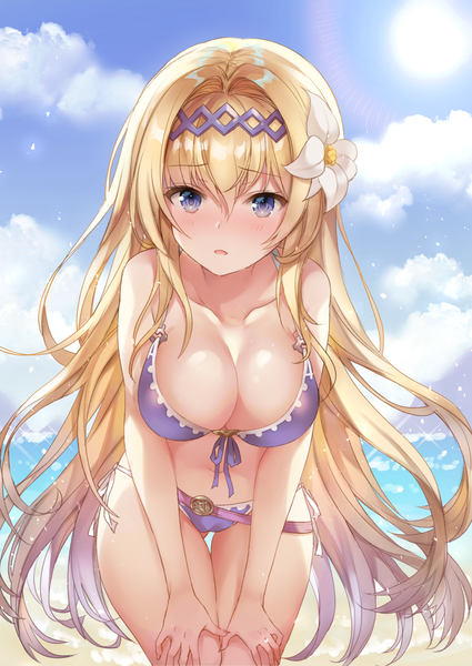 Anime picture 822x1160 with granblue fantasy jeanne d'arc (granblue fantasy) narusegawa riko single long hair tall image looking at viewer blush fringe breasts open mouth blue eyes light erotic blonde hair hair between eyes large breasts standing bare shoulders payot sky