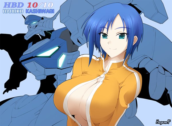 Anime picture 1040x761 with muv-luv kashiwagi haruko haganef single short hair breasts light erotic smile large breasts blue hair cleavage aqua eyes girl robot