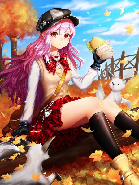 Anime picture 650x868 with original kankito single long hair tall image looking at viewer fringe hair between eyes sitting holding payot pink hair sky cloud (clouds) outdoors pink eyes wind arm support :o plaid skirt