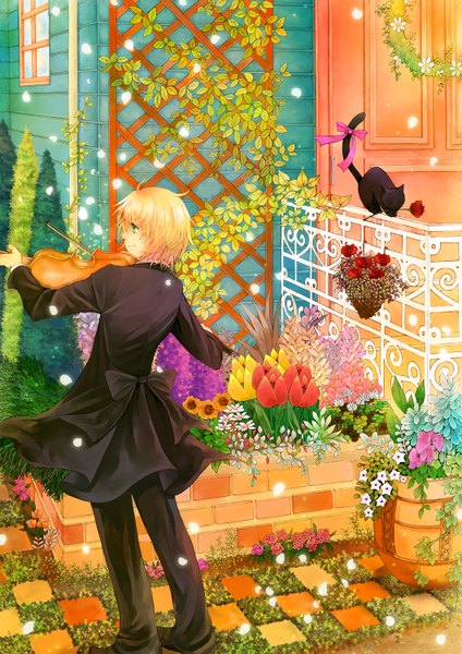 Anime picture 1060x1500 with original rikka (pixiv 393850) single tall image short hair blue eyes blonde hair outdoors from behind playing instrument boy flower (flowers) bow ribbon (ribbons) plant (plants) jacket window cat musical instrument fence
