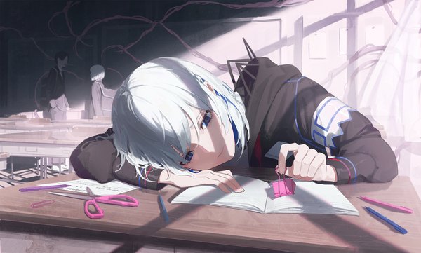 Anime picture 3328x2000 with cevio rime (cevio) nekoreito highres short hair blue eyes wide image multiple girls silver hair solo focus reclining classroom girl boy 2 girls desk pen scissors notebook