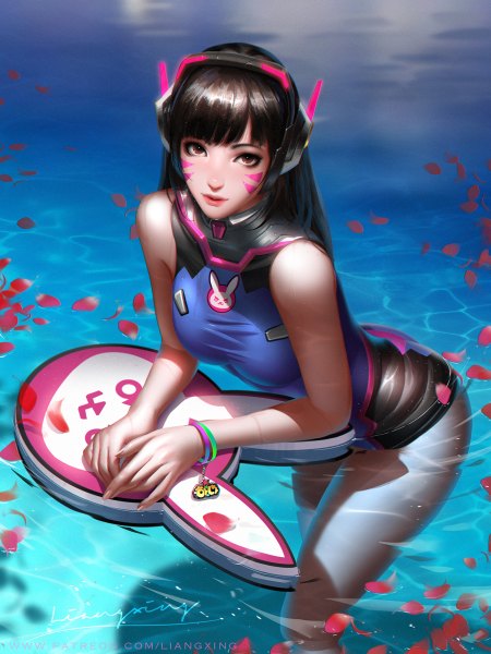 Anime picture 900x1200 with overwatch blizzard entertainment d.va (overwatch) liang xing single long hair tall image looking at viewer fringe light erotic black hair bare shoulders brown eyes signed blunt bangs from above realistic lipstick partially submerged facial mark