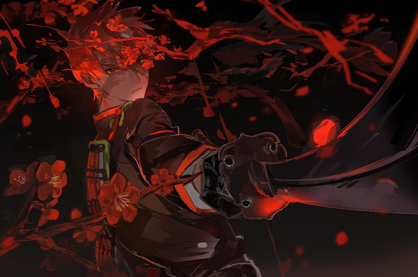 Anime picture 917x609 with touken ranbu nitroplus ookanehira (touken ranbu) kobi (kobyneo88) single looking at viewer fringe short hair red eyes holding red hair shadow outstretched arm black background serious plum blossoms boy flower (flowers) weapon petals