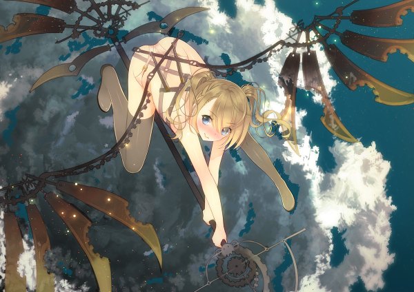 Anime picture 1200x848 with original yadapot single blush short hair blue eyes light erotic blonde hair sky cloud (clouds) flying mechanical wings girl thighhighs underwear panties wings
