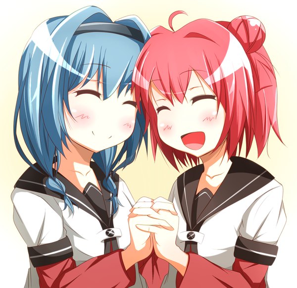 Anime picture 1437x1398 with yuru yuri doga kobo akaza akari furutani himawari warabi mochi (ehimedaisuki) blush short hair open mouth simple background smile multiple girls blue hair red hair eyes closed hair bun (hair buns) holding hands girl uniform 2 girls school uniform