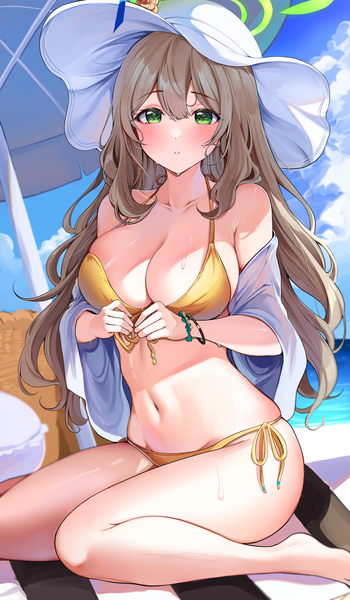 Anime picture 4226x7251 with blue archive nonomi (blue archive) nonomi (swimsuit) (blue archive) sak (lemondisk) single long hair tall image looking at viewer blush fringe highres breasts light erotic blonde hair hair between eyes large breasts sitting green eyes absurdres sky