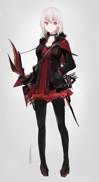 Anime picture 2196x4008 with original pixiv fantasia pixiv fantasia t annnna single long hair tall image looking at viewer fringe highres red eyes standing silver hair open clothes open jacket pale skin hand in pocket girl dress weapon