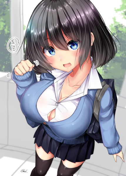 Anime picture 1000x1399 with original mokufuu single tall image looking at viewer blush fringe short hair breasts open mouth blue eyes light erotic black hair smile hair between eyes large breasts standing signed outdoors long sleeves