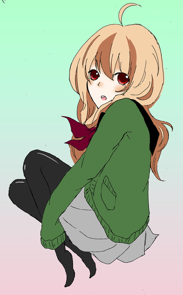 Anime picture 1034x1665 with tagme (artist) single long hair tall image blush open mouth blonde hair brown eyes green background girl skirt pantyhose sweater neckerchief