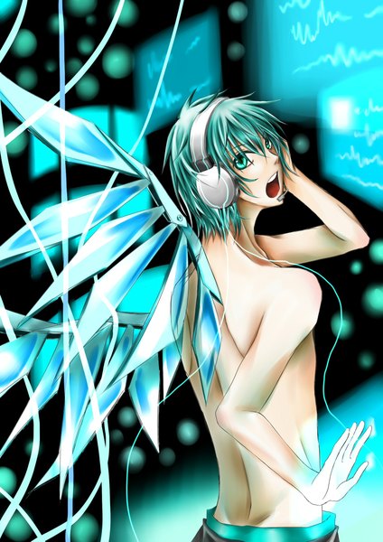 Anime picture 1654x2340 with vocaloid hatsune mikuo bellarose4546 single tall image short hair open mouth green eyes green hair mechanical wings boy wings headphones wire (wires)