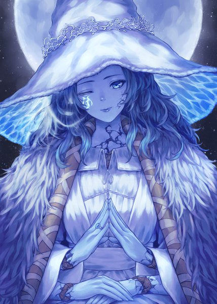 Anime-Bild 2122x2976 mit elden ring ranni the witch banana oekaki single long hair tall image highres blue eyes blue hair upper body one eye closed hands clasped extra arms girl hat moon witch hat full moon