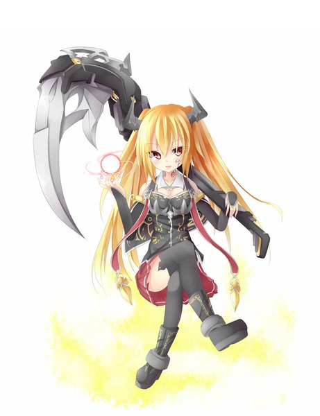 Anime picture 1500x1950 with original chabaneko single long hair tall image blush simple background blonde hair red eyes white background horn (horns) crossed legs :p girl thighhighs skirt weapon black thighhighs boots tongue