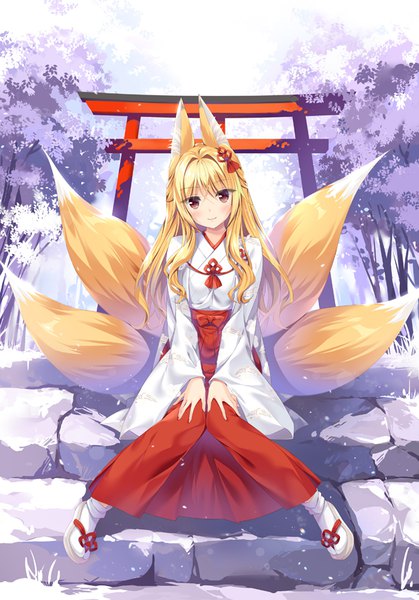 Anime picture 599x857 with original oryou single long hair tall image looking at viewer blush fringe blonde hair smile hair between eyes sitting brown eyes animal ears payot full body tail long sleeves traditional clothes head tilt