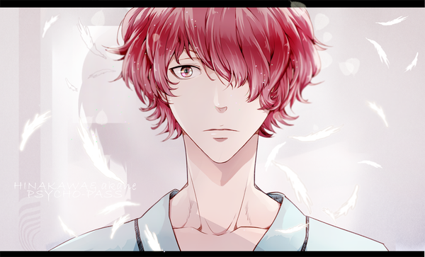 Anime picture 1200x726 with psycho-pass production i.g hinakawa shou ecsrin single looking at viewer fringe short hair wide image red hair pink eyes hair over one eye inscription portrait wavy hair face boy feather (feathers)