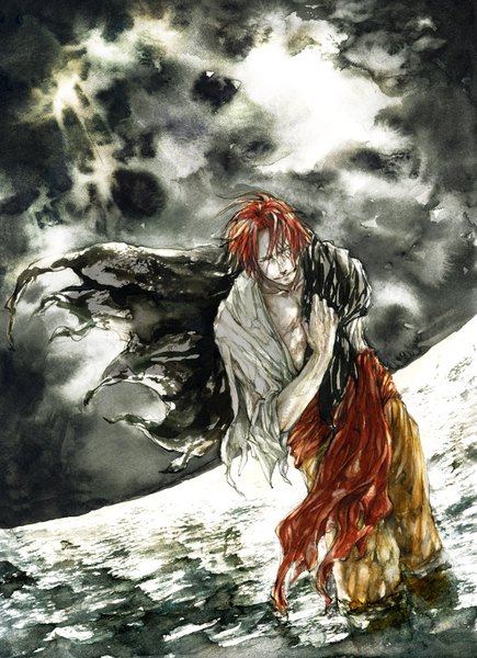 Anime picture 1089x1500 with one piece toei animation shanks kusaco (artist) tall image yellow eyes sky red hair wind scar boy water