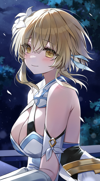Anime picture 2500x4500 with genshin impact lumine (genshin impact) moka 01 single tall image looking at viewer blush fringe highres short hair breasts light erotic blonde hair smile hair between eyes large breasts bare shoulders yellow eyes cleavage upper body