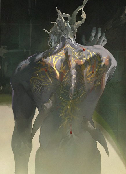 Anime picture 800x1104 with elden ring morgott the omen king lin nuli xiulian single tall image short hair light erotic standing silver hair horn (horns) from behind tattoo grey skin boy blood
