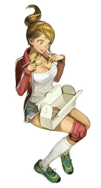 Anime picture 483x900 with dangan ronpa asahina aoi naoko (artist) single tall image blush short hair breasts blue eyes light erotic simple background brown hair large breasts white background sitting cleavage ponytail from above looking down food on face