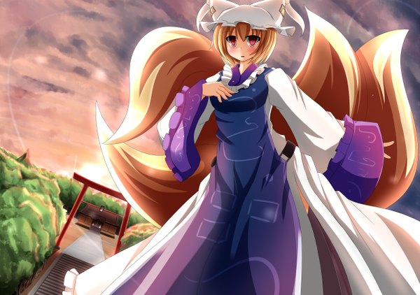 Anime picture 2480x1748 with touhou yakumo ran liya single highres red eyes animal tail orange hair fox tail fox girl evening sunset multiple tails girl torii