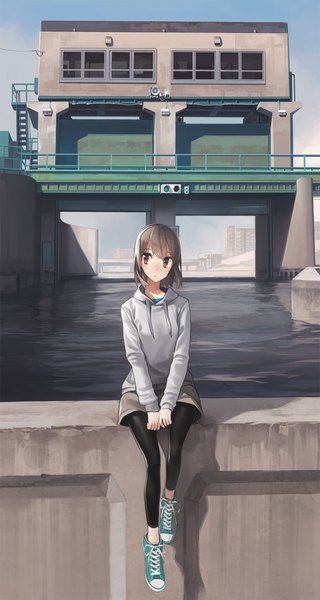 Anime picture 1000x1873 with original astg single tall image blush short hair brown hair brown eyes looking away girl water shoes shorts building (buildings) sweater sneakers leggings
