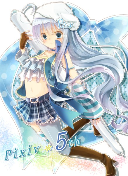Anime picture 1718x2353 with original pixiv-tan otogaki yoro single long hair tall image blush highres blue eyes smile silver hair girl thighhighs skirt navel bow detached sleeves boots fingerless gloves beret