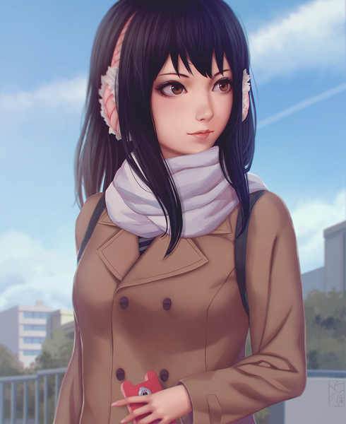 Anime picture 1154x1414 with kiseijuu kimishima kana miura-n315 single long hair tall image black hair brown eyes payot looking away sky fingernails lips long fingernails double buttons girl jacket scarf buttons mobile phone
