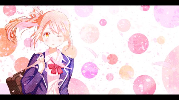 Anime picture 1280x720 with cevio satou sasara bokkun (doyagaobyo) single long hair looking at viewer blush open mouth wide image pink hair ponytail one eye closed wink orange eyes letterboxed girl uniform bow school uniform shirt