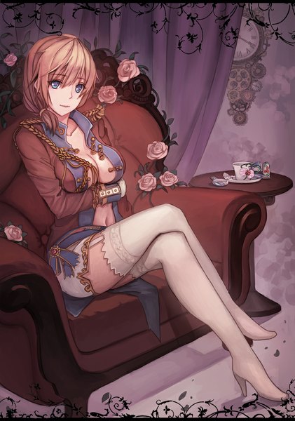 Anime picture 800x1141 with youxuemingdie single tall image looking at viewer fringe breasts blue eyes light erotic smile sitting bent knee (knees) bare belly crossed legs floral print girl navel uniform flower (flowers) rose (roses) curtains