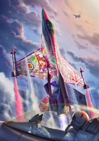Anime picture 1000x1414 with pinakes long hair tall image open mouth green eyes pink hair sky cloud (clouds) girl aircraft airplane jet