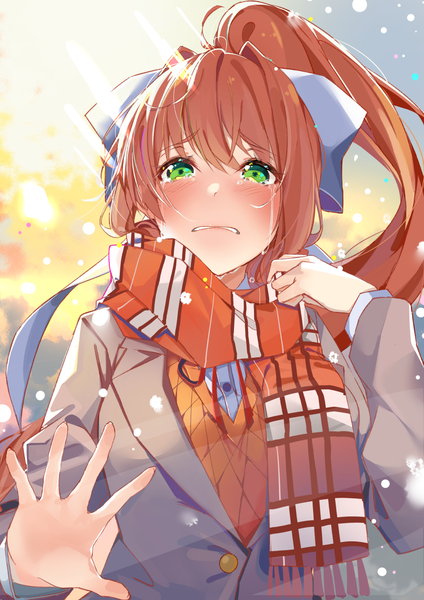 Anime picture 868x1228 with doki doki literature club monika (doki doki literature club) xhunzei single long hair tall image looking at viewer blush fringe hair between eyes brown hair green eyes upper body ponytail parted lips sunlight blurry tears snowing crying