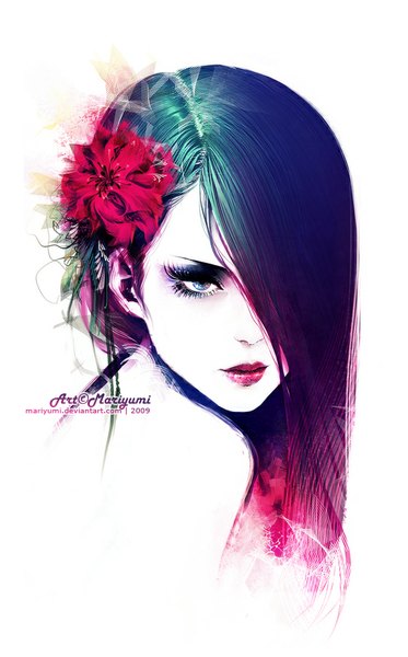 Anime picture 560x900 with original maria menshikova single long hair tall image fringe blue eyes simple background white background bare shoulders signed looking away multicolored hair hair flower hair over one eye lipstick eyeshadow red lipstick makeup girl