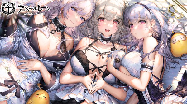 Anime picture 1824x1024 with azur lane manjuu (azur lane) belfast (azur lane) sirius (azur lane) dido (azur lane) senchat long hair looking at viewer blush fringe highres short hair breasts open mouth light erotic smile hair between eyes red eyes wide image large breasts