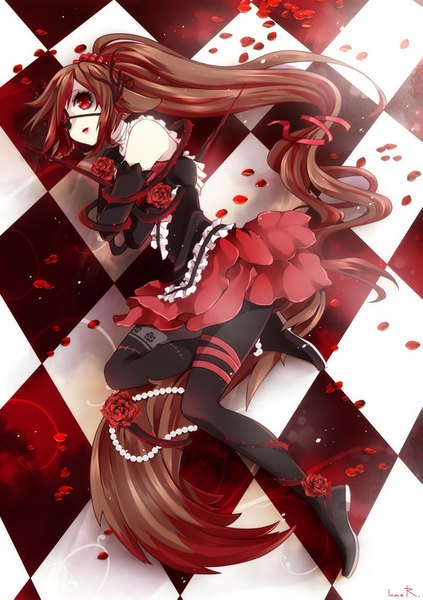 Anime picture 650x922 with original inma r. single long hair tall image looking at viewer brown hair bare shoulders animal ears bent knee (knees) ponytail tail lying animal tail fox ears fox tail pale skin checkered floor floor rhombus