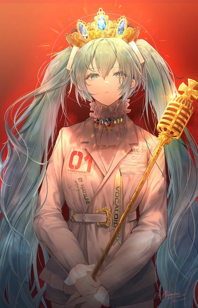 Anime picture 1488x2320 with vocaloid hatsune miku hirose (10011) single long hair tall image looking at viewer fringe simple background hair between eyes standing twintails holding signed payot long sleeves aqua eyes aqua hair alternate costume copyright name