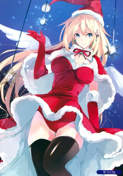 Anime-Bild 2308x3300 mit taira tsukune single tall image looking at viewer highres blue eyes light erotic blonde hair smile very long hair scan fur trim christmas girl thighhighs dress gloves underwear panties black thighhighs