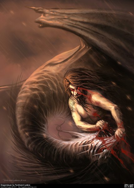 Anime picture 1280x1792 with original ferdinand ladera single long hair tall image red eyes brown hair signed teeth tattoo facial mark looking down rain sharp teeth battle dragon wings boy blood dragon monster
