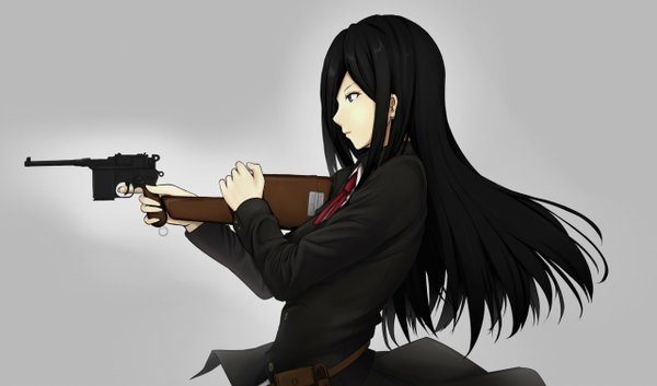 Anime picture 1280x754 with original erise single long hair black hair wide image profile black eyes grey background girl weapon gun