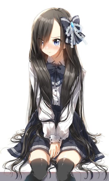 Anime picture 1238x2048 with original pentagon (railgun ky1206) single tall image looking at viewer blush fringe blue eyes black hair simple background white background sitting looking away long sleeves very long hair pleated skirt hair over one eye embarrassed zettai ryouiki girl