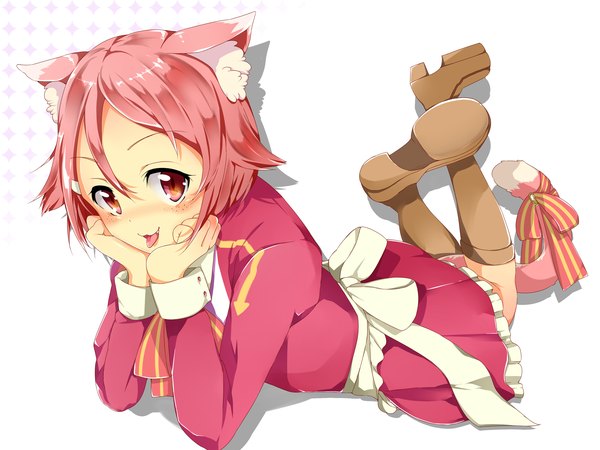 Anime picture 3200x2400 with sword art online a-1 pictures lisbeth moripomera single blush highres short hair simple background red eyes animal ears absurdres red hair cat ears cat girl cat tail :p girl boots