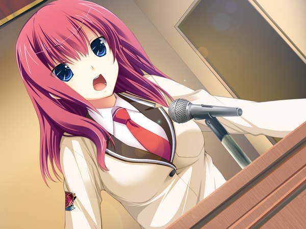 Anime picture 1600x1200 with futsuu ja nai!! sakurazaki kotoko sadawo long hair open mouth blue eyes game cg red hair girl serafuku microphone