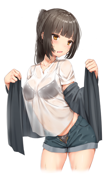 Anime picture 929x1473 with original reinama single long hair tall image blush fringe breasts open mouth light erotic black hair simple background standing white background brown eyes looking away blunt bangs off shoulder sweat leaning