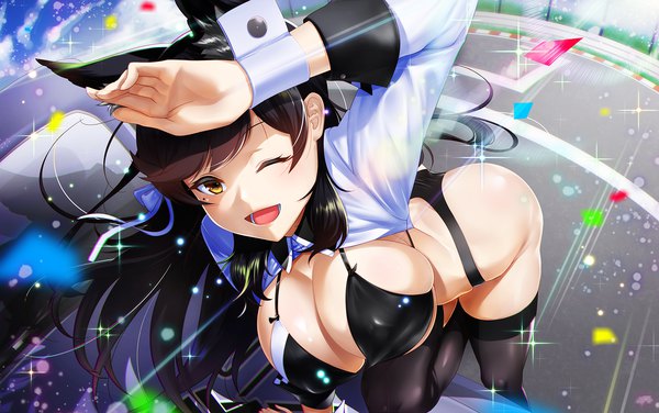 Anime picture 1712x1074 with azur lane atago (azur lane) atago (stunning speedster) (azur lane) kagiyama (gen'ei no hasha) single long hair looking at viewer blush fringe highres breasts open mouth light erotic black hair smile large breasts standing animal ears yellow eyes outdoors