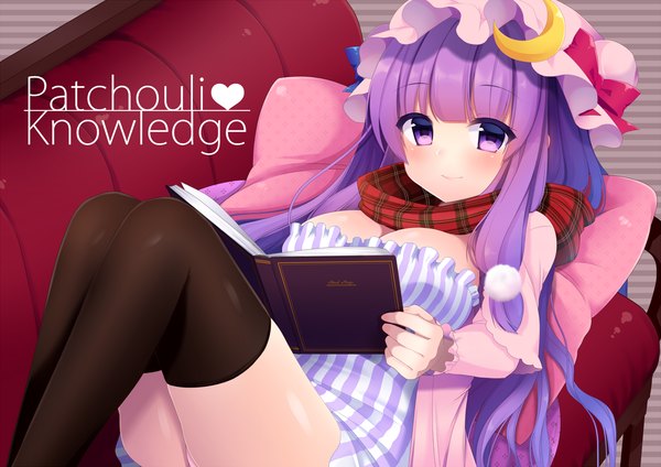 Anime picture 1402x992 with touhou patchouli knowledge shiika yuno single long hair blush fringe breasts light erotic smile large breasts purple eyes cleavage purple hair lying pantyshot character names girl thighhighs underwear