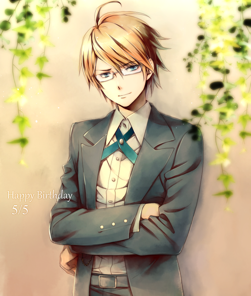 Anime picture 807x950 with dangan ronpa togami byakuya riq single tall image looking at viewer fringe short hair blue eyes blonde hair hair between eyes standing ahoge head tilt light smile grey background text dated crossed arms english